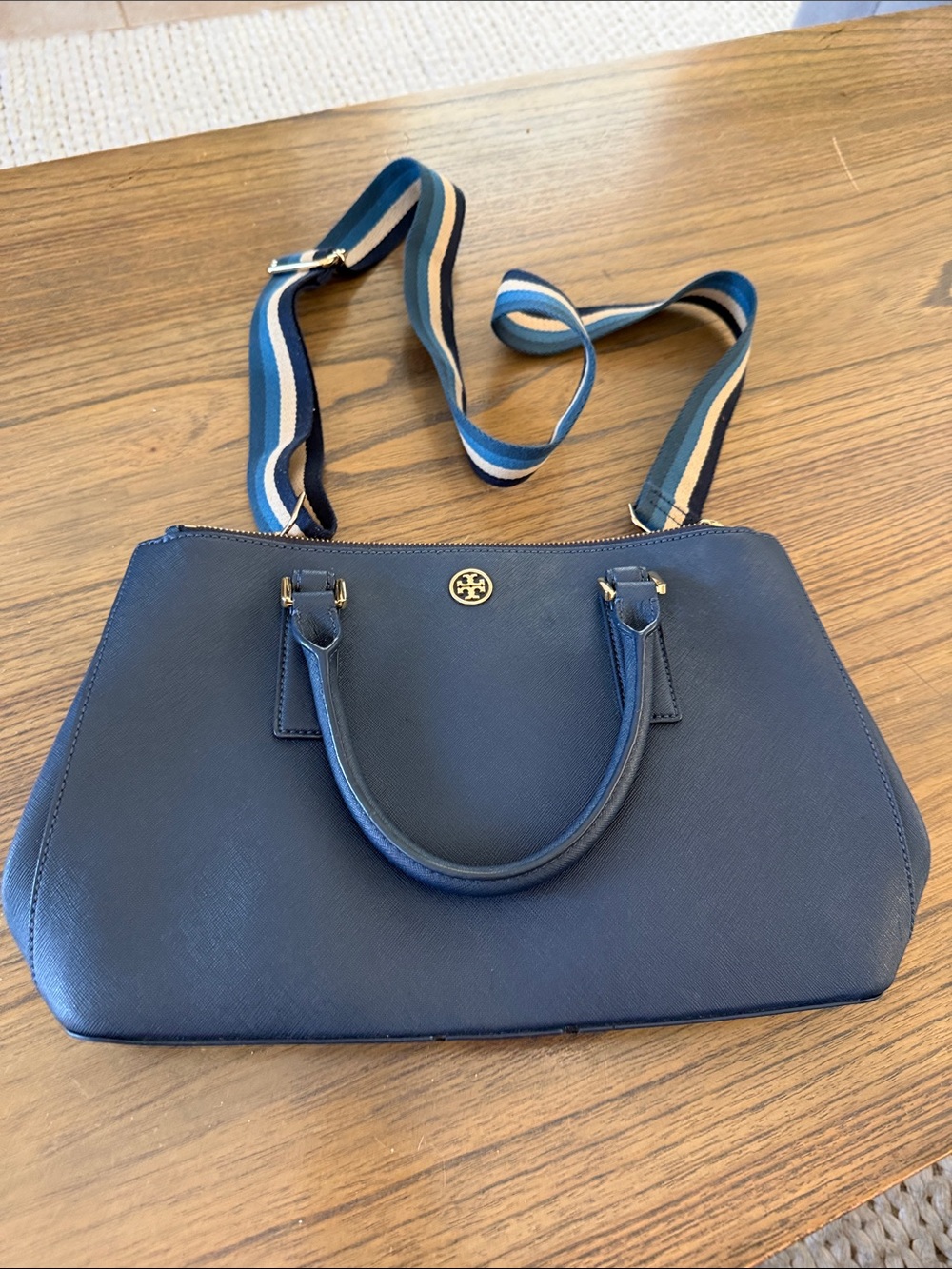 Tory Burch Robinson Double Zip Saffiano Leather Tote Navy Blue Handbag